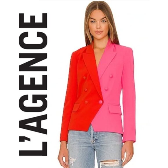 L'AGENCE Colourblock Double-Breasted Blazer Size 2 Cherry Tomato & Rose - Picture 1 of 16